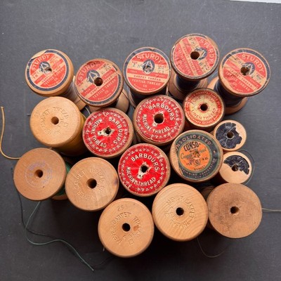 19 VINTAGE WOODEN SPOOLS CARPET THREAD - SUPER STRONG - Meyer, Barbour's, Sturdy