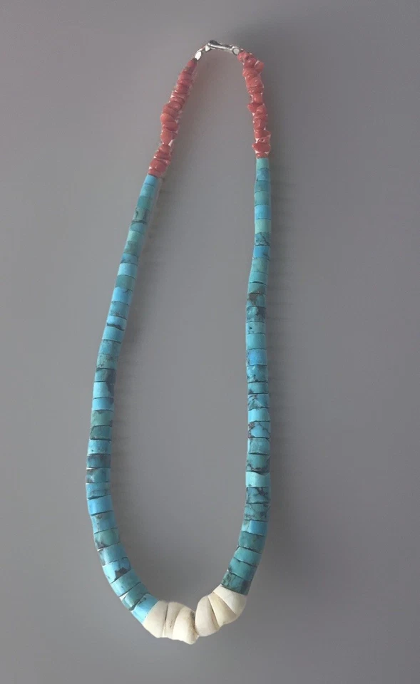 Vintage Navajo Turquoise Coral & Shell Necklace 17” - Image 2 of 3