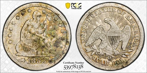 1853-O Arrows & Rays Seated Liberty Quarter,PCGS TrueView VF Detail,True Auction