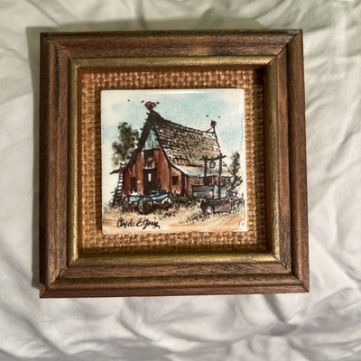 Vintage Clyde E Gray Hand Painted Ceramic Tile Art Texas Folk Art Barn FarmScene
