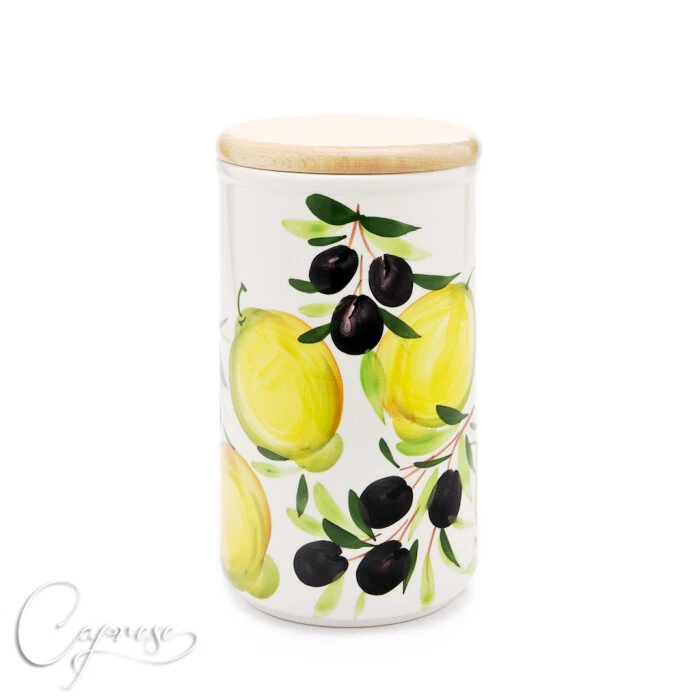 Bassano Ceramic Storage Container Lemon With Olive Motif 23.5 Cm High 1.5L N