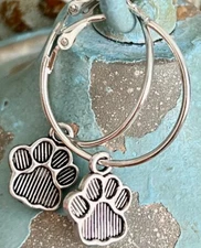 Etched Silver Hoop Dangle Earrings. Paws. Animal Lovers. Dog. Cat. Paw Print.