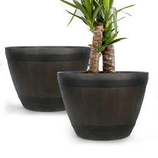 21" D x 15" H Large Brown Whiskey Barrel Planter Outdoor Indoor Wine Barrel Pots