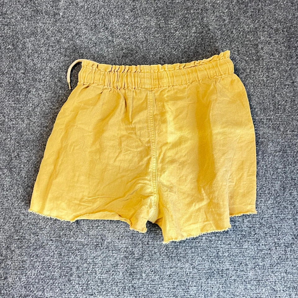 Pantalones cortos de lino para mujer medianos amarillos bolsillos cintura elástica cordón bolsillos profundos Foto 2 de 4