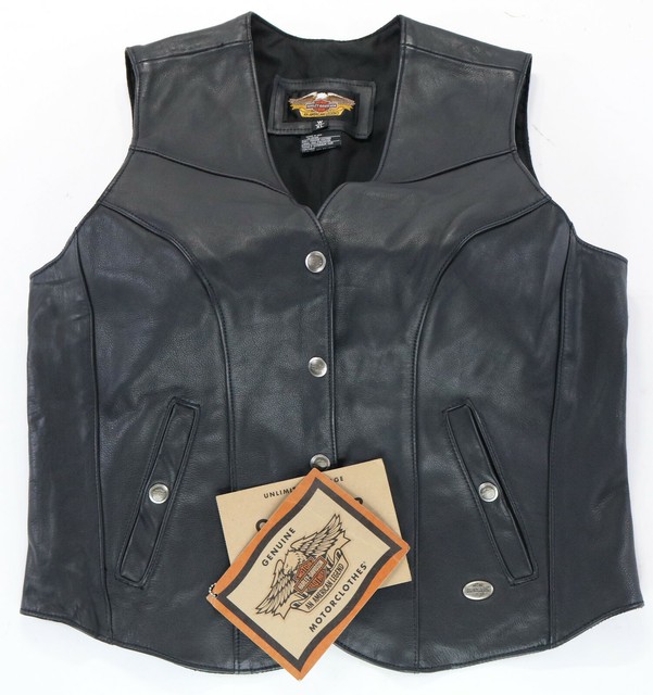 vtg womens harley davidson leather vest XL black Basic Skins snap bar