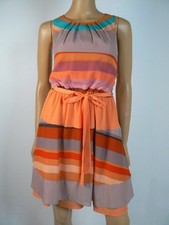 Jessica Simpson Orange Teal Brown Striped Pleated Satin Dress 8 NEW J380