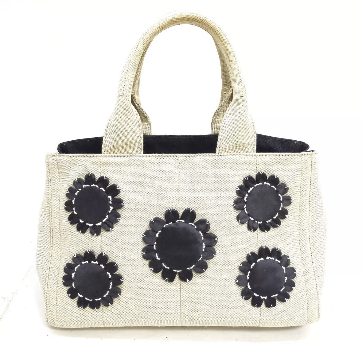 Auth Prada Canvas Linen Floral Appliqué Canapa Tote Bag Preloved