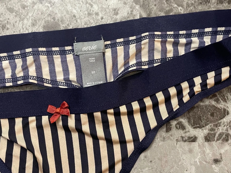 NWOT AMERICAN EAGLE AERIE SMALL NAVY BLUE IVORY STRIPE SMOOTH RARE THONG PANTIES - Image 2 of 3