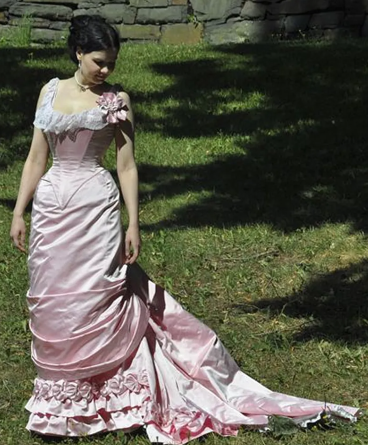 pink victorian wedding dress Pink Rococo Ball Gown with Floral Lace and Ruffled Detailing Victorian-Inspired Wedding Dress with Long Sleeves Plus Size Size 2 / Pink
