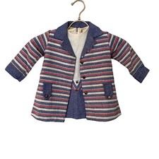 Vtg Toddler Girl Size 3 Dress / Matching Coat Red Blue Stripe Gold Buttons