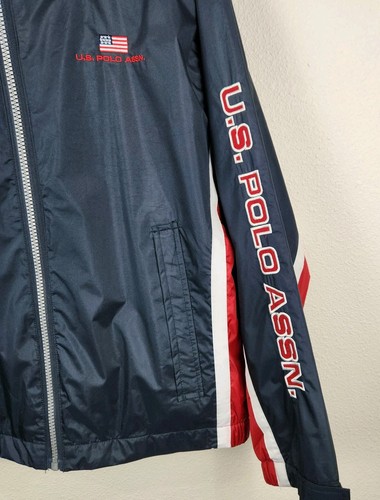 Vintage US Polo Assn Mens Jacket Windbreaker Full Zip Hooded Logo Blue Red SZ M - Picture 4 of 12