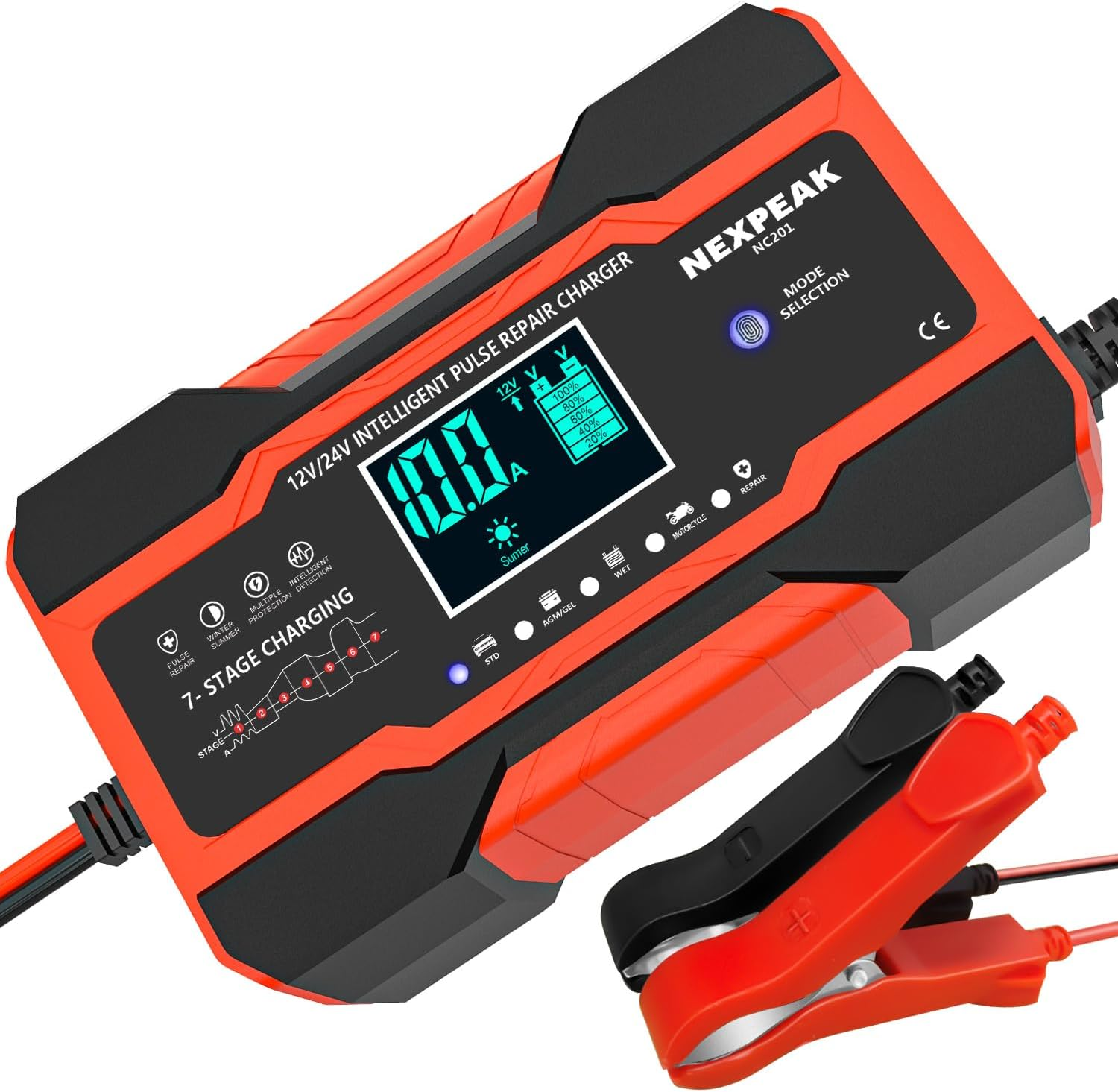 10-Amp Car Battery Charger, 12V and 24V Smart Fully Automatic Battery Charger wi