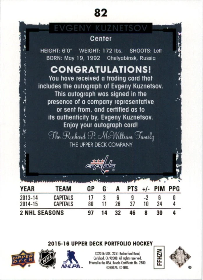 2015-16 Upper Deck Portfolio Autographs #82 Evgeny Kuznetsov F Auto - HKY - Image 2 of 2