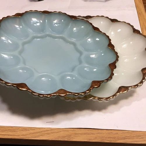 2 Vintage Anchor Hocking Fire King Gold Trim Egg Plates: Turquoise Blue, White