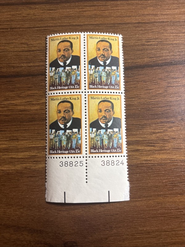 MLK Jr corner plate block of four unused 15¢ United States postage stamps