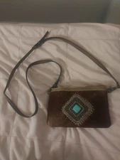 Over Sholder Handbag Women's Brown Leather And Turquoise
