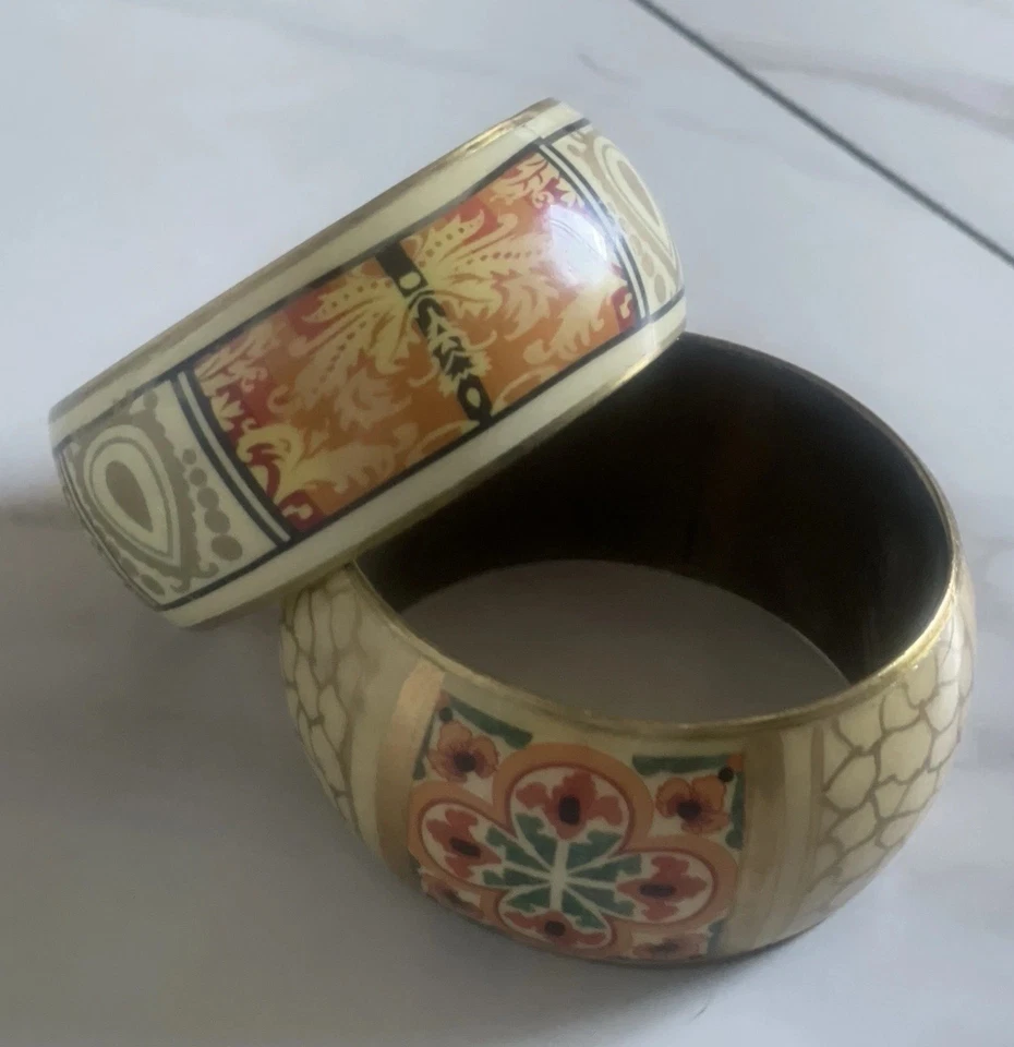 LOTE DE 2 Brazaletes Boho Vintage Anchos Coloridos Mosaico Floral Esmalte Latón Foto 2 de 4