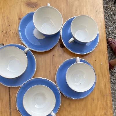 Trianon lot 5 tasses à café et soucoupes céramique bleu/blanc motif uni - Photo 1/3