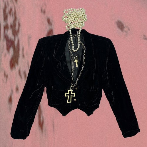 RARE VINTAGE 80s BETSEY JOHNSON PUNK LABEL BLACK VELVET CROP BLAZER JACKET