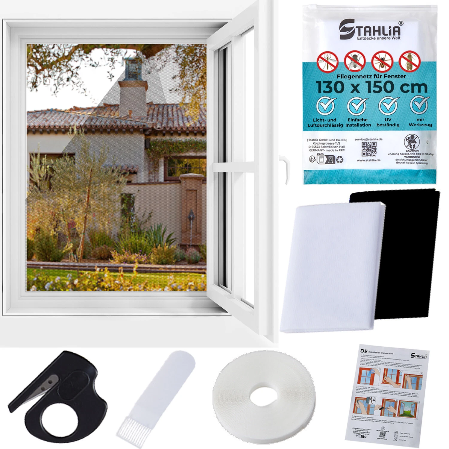 Fliegengitter für Fenster in Weiß oder Schwarz mit Befestigungsmaterial