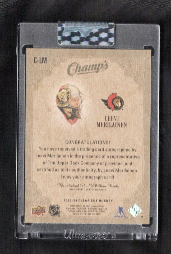 2023-24 Upper Deck Clear Cut Champ's Champs Auto Red Rookie Leevi Merilainen /10 - Image 2 of 2