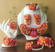 Women fashion flower  earrings tika bracelets necklace haldi mehandi babyshower