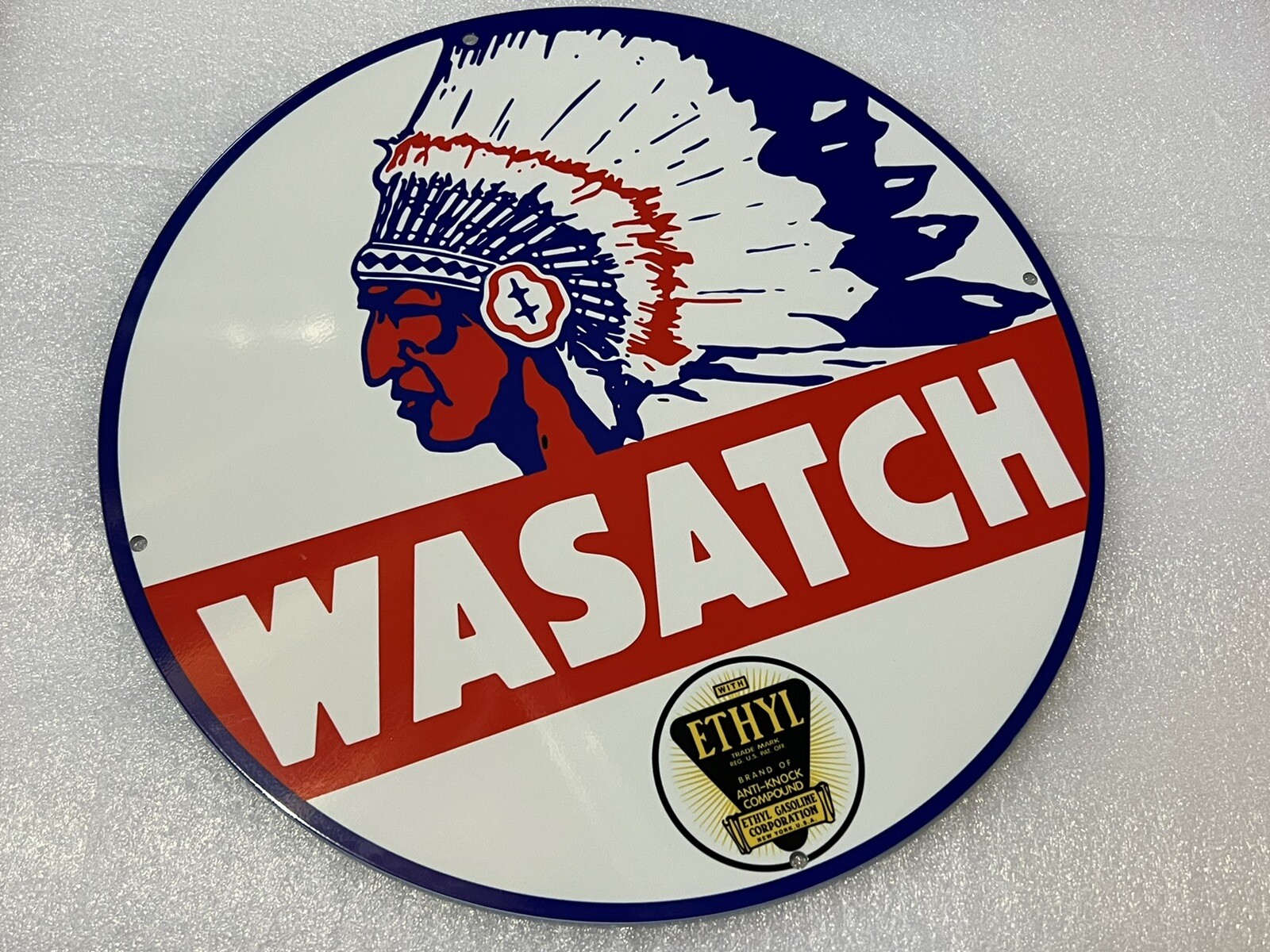 12in WASATCH indian ETHYL Gasoline Motor Oil Vintage Style Heavy Steel Sign