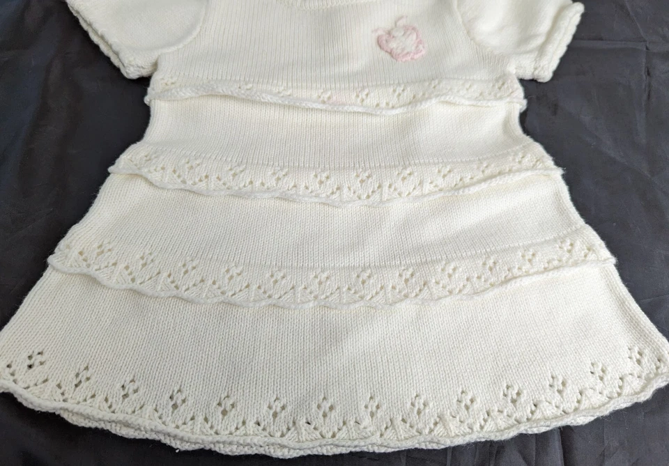 April Cornell Baby Girl 6 Months White Knit Pink Butterfly Short Sleeve Dress 6M - Image 3 of 4