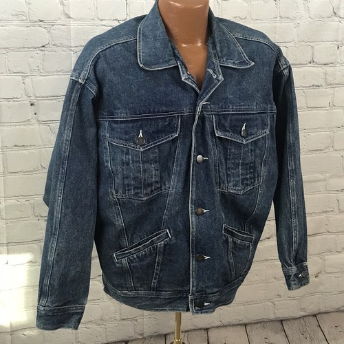 Vtg Gitano Trucker Jean Jacket OOAK Hand Painted Cowboy Portrait Sun Size L - Picture 2 of 12