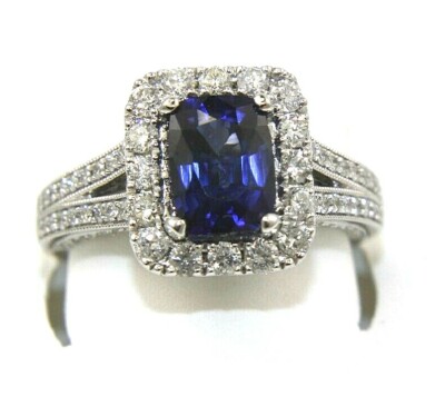 Emerald Cut Blue Sapphire & Diamond Halo Solitaire Ring 14k White Gold 2.83Ct