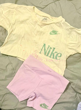 Nike Girls 2-Piece Outfit Set Logo Tee & Ribbed Shorts White/Pink/Green