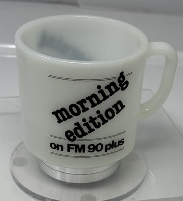 Early NPR Morning Edition mug FM 90 Plus oven proof  anchor hocking milk glass