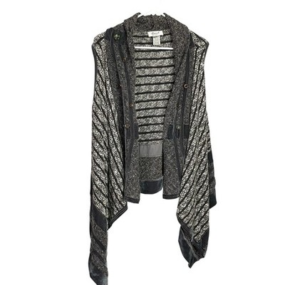 Anes. A Womens Draped Cardigan Vest XL Black Gray Velvet Trim Chunky Knit Artsy