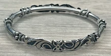 Vintage Bangle Bracelet Boho Bali Tribal Ornate Rope Wrapped Studded Silver Tone