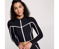 Women's Calia Cropped Full Zip Long Sleeve Rash Guard Black White XXL