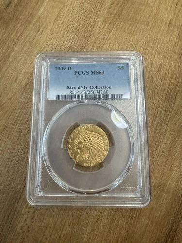 ⭐️Exceptional 1909-D $5 Indian Head Gold Half Eagle! PCGS MS-63!! Rive d’Or