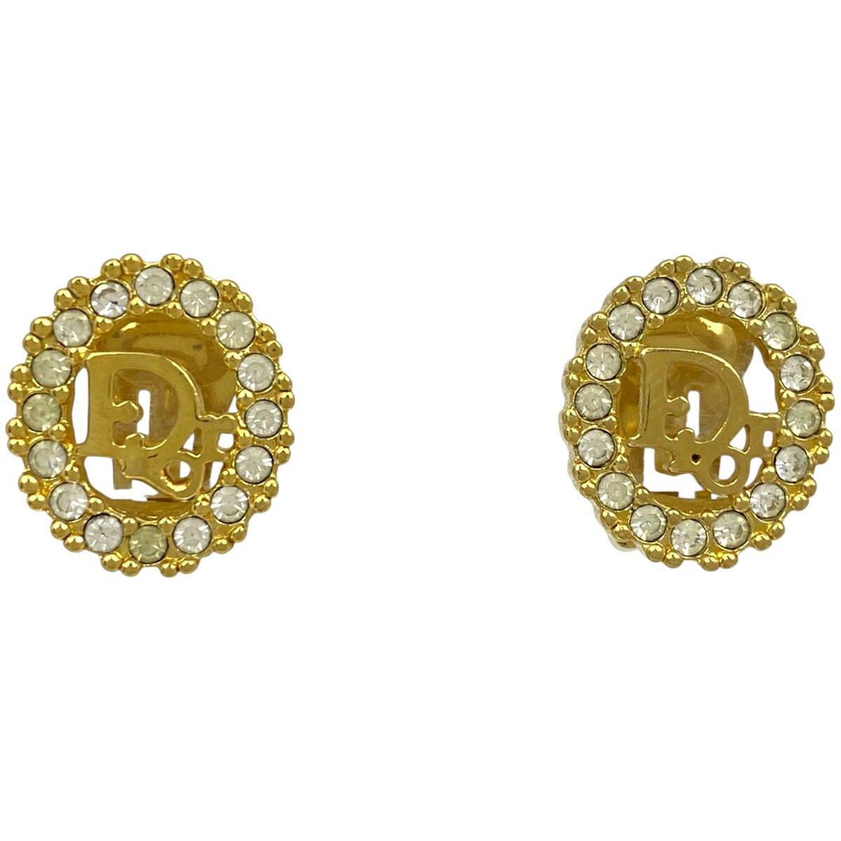 Christian Dior Logo Rhinestone Oval Earrings with GP Detail