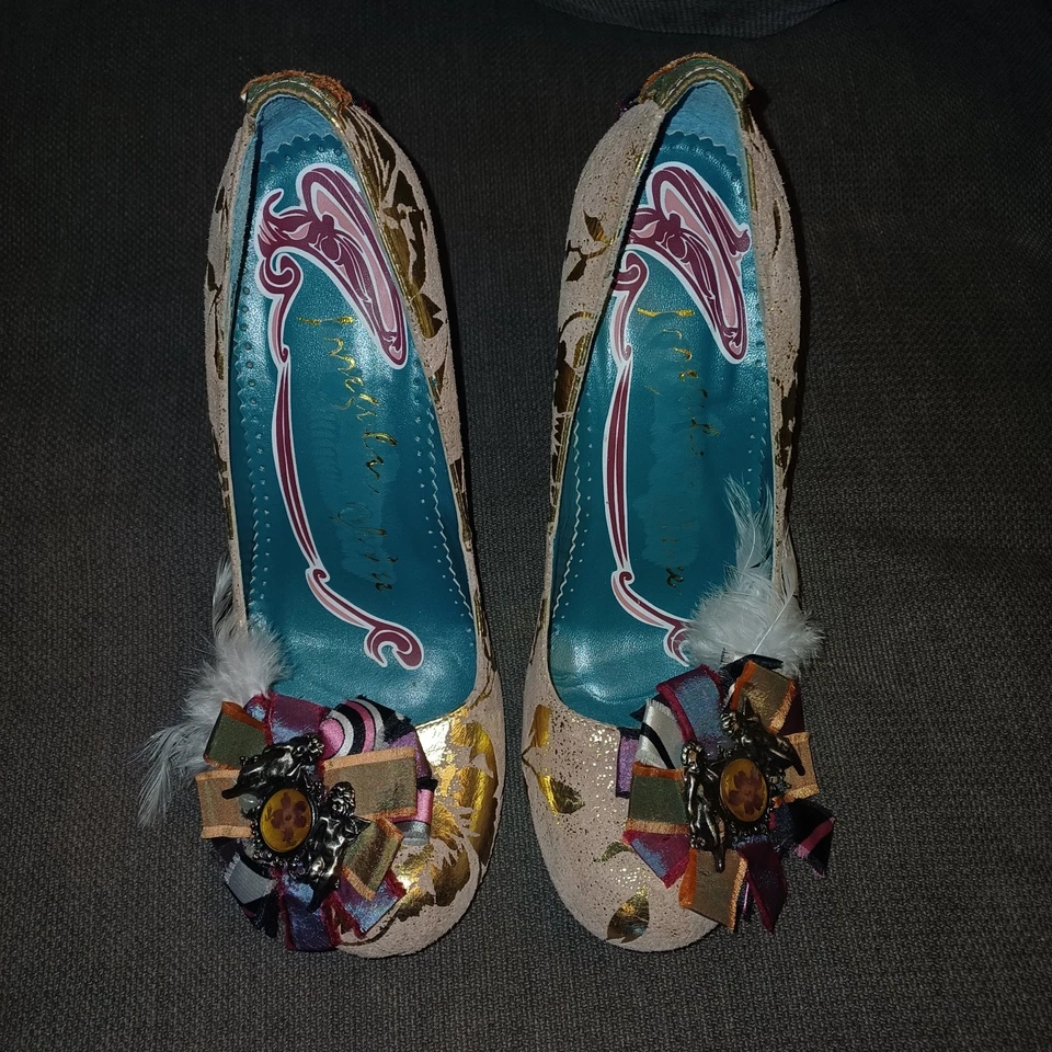 IRREGULAR CHOICE GOLD/PINK LEATHER CHERUB FEATHER HEELED SHOES S 5/38 VGC - Image 4 of 4
