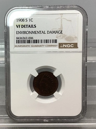 1908 S Indian Head Cent Penny - NGC - VF Details - Environmental Damage