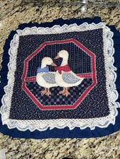 Quilted table topper or wall hanging blue with White Lace Ducks 16x16 stitched
