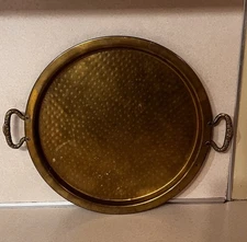 Hammered Solid Brass Round Tray with Floral Handles Vanity Ornate Vintage 13.5”