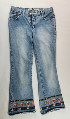Vintage Liquid X  Jeans Flares Embroidered Flowers Junior 9