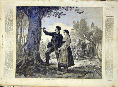 Original Old Antique Print Graef Tree Souvenir Love Fine Art French 1866 19th