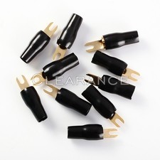 10 BLACK 4 GAUGE AWG GOLD PLATED BARRIER FORK SPADES CAR STEREO AMP TERMINALS