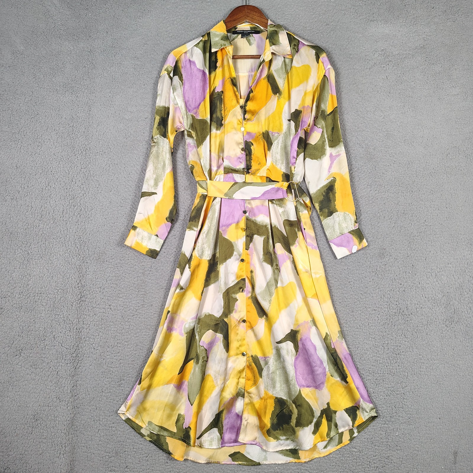 French Connection Midi Shirt Dress Womens Medium Multi Floral Satin Button Front