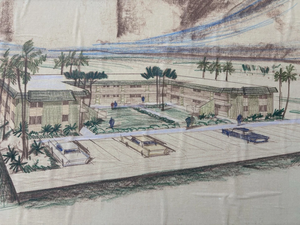 Presentación de arquitecto/lápiz dibujado a mano de mediados de siglo firmada. Juego de dos. Foto 2 de 4