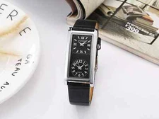 Rectangle Dual Time Zone Men's Women's Quartz  Wrist Watch Black PU Leather Band