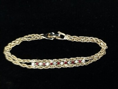 7 Inch Gold Tone Chain Bracelet Red & Clear Stones Korea Seta