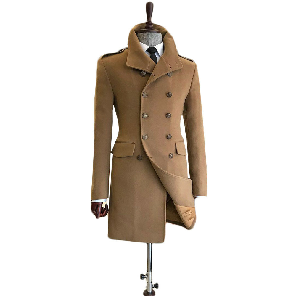 Men Wool Blend Pea Coat Long Double-breasted Overcoat Winter