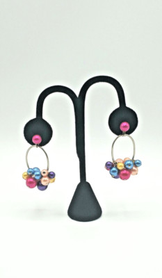 Multicolored Faux Pearl Dangle  Pierced Earrings Silver Tone 